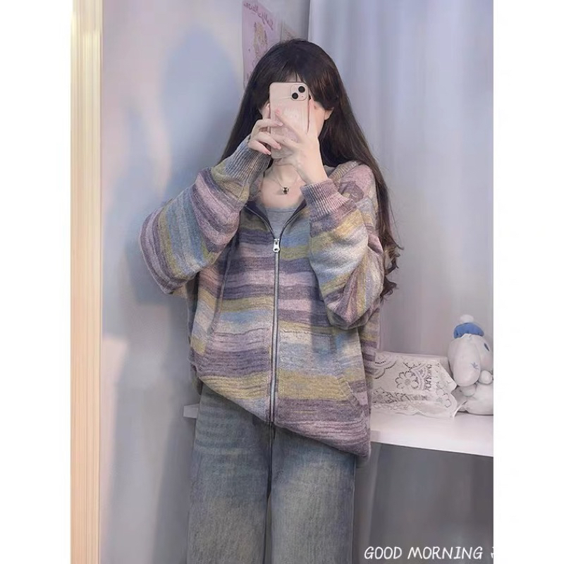 Áo khoác Hoodie họa tiết kẻ sọc thời trang Thu Đông cho nữ hàng QCCC