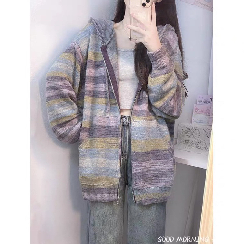 Áo khoác Hoodie họa tiết kẻ sọc thời trang Thu Đông cho nữ hàng QCCC