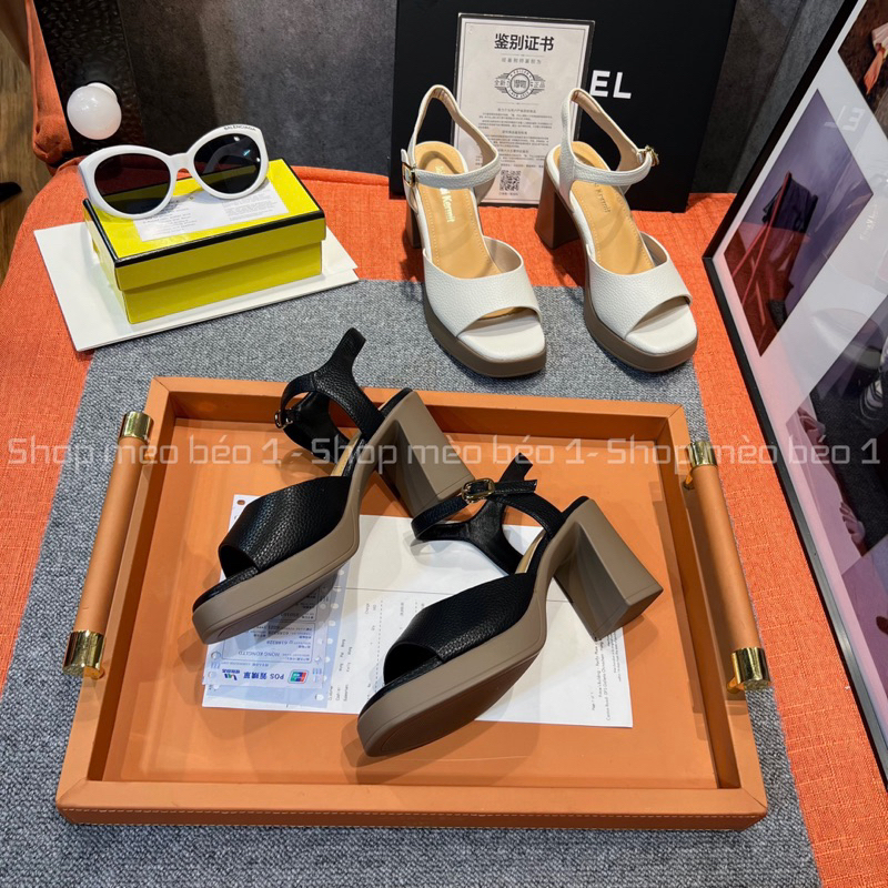 Sandal quai ngang hở mũi da sần đế đúp gót trụ basic fullbox hàng quảng châu cao cấp