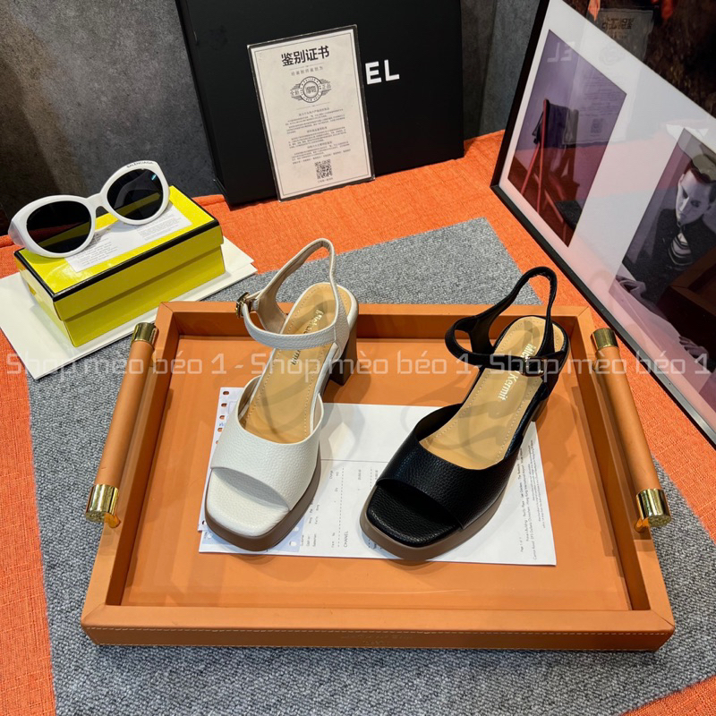 Sandal quai ngang hở mũi da sần đế đúp gót trụ basic fullbox hàng quảng châu cao cấp