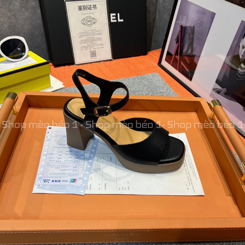 Sandal quai ngang hở mũi da sần đế đúp gót trụ basic fullbox hàng quảng châu cao cấp