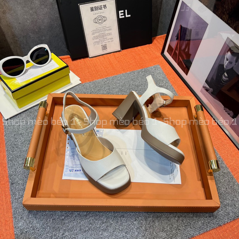 Sandal quai ngang hở mũi da sần đế đúp gót trụ basic fullbox hàng quảng châu cao cấp
