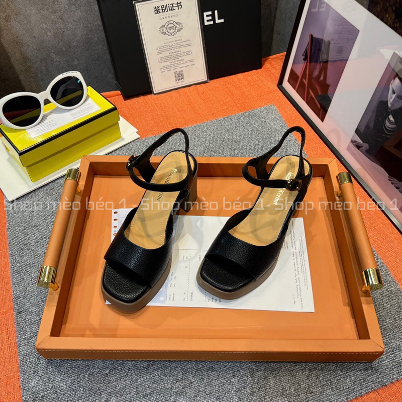 Sandal quai ngang hở mũi da sần đế đúp gót trụ basic fullbox hàng quảng châu cao cấp