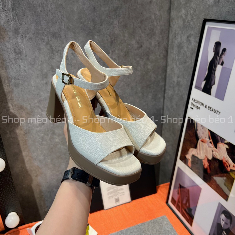 Sandal quai ngang hở mũi da sần đế đúp gót trụ basic fullbox hàng quảng châu cao cấp