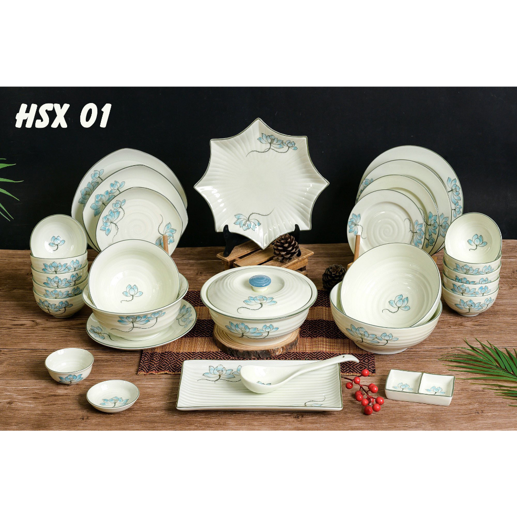 Bộ bát đĩa sứ Bát Tràng men kem họa tiết vẽ hoa sen viền xanh HSX01 (29 món)