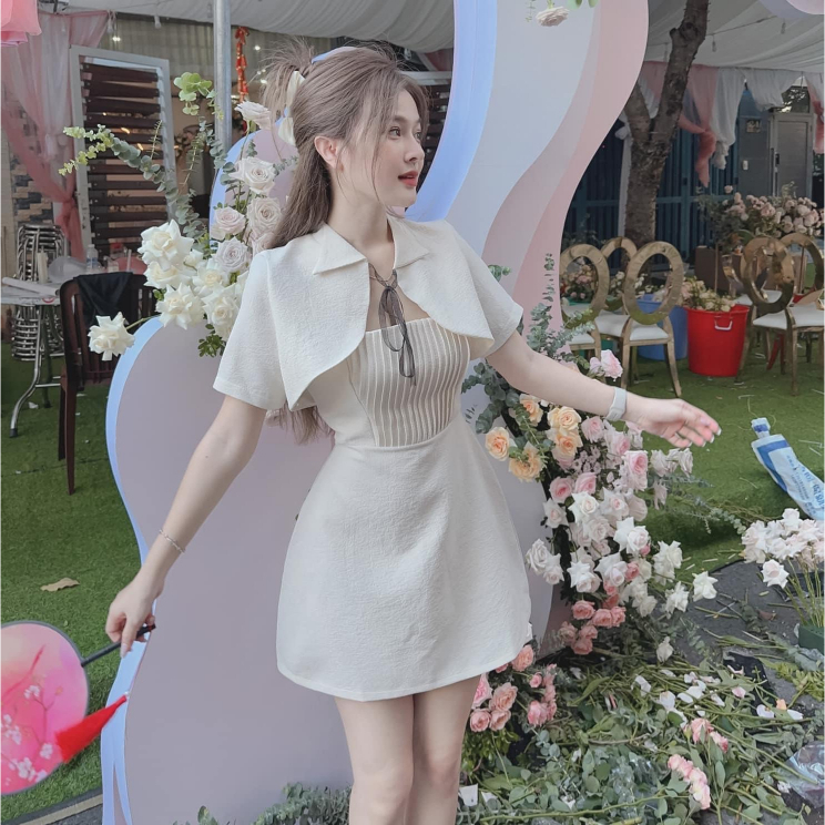 Set Váy 2 Dây Kèm Áo Khoác Rời Phong Cách Sang Chảnh Lịch Sự