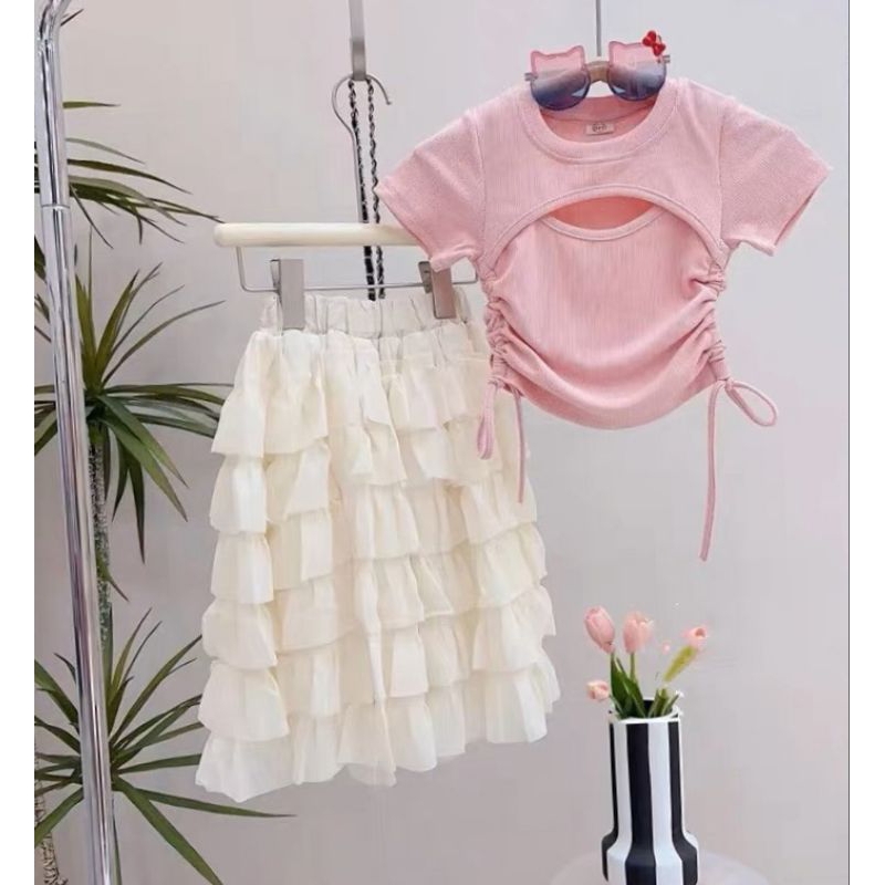 Set  áo rút eo kết hợp chân váy tầng bèo tiểu thư bé gái