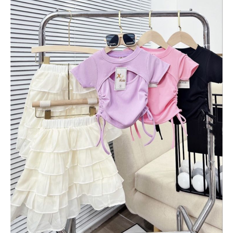 Set  áo rút eo kết hợp chân váy tầng bèo tiểu thư bé gái