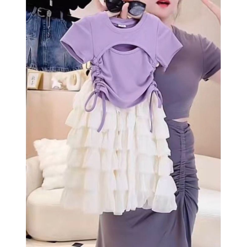 Set  áo rút eo kết hợp chân váy tầng bèo tiểu thư bé gái