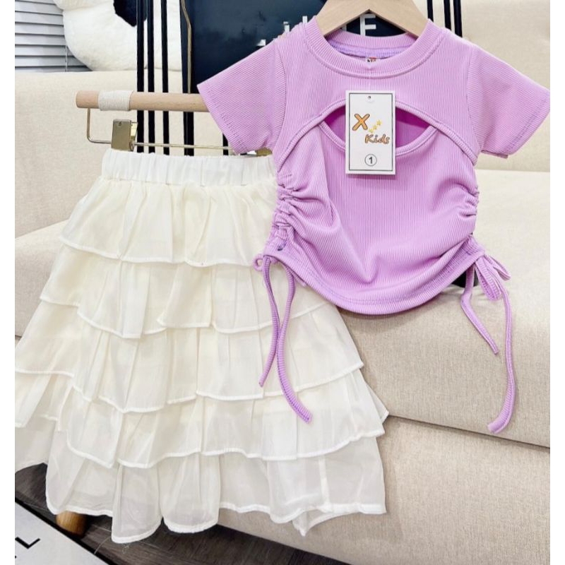 Set  áo rút eo kết hợp chân váy tầng bèo tiểu thư bé gái