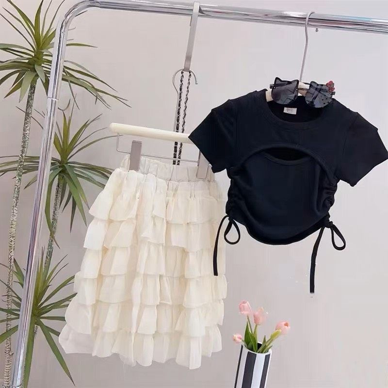 Set  áo rút eo kết hợp chân váy tầng bèo tiểu thư bé gái