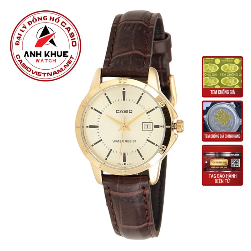 Đồng Hồ Casio Nữ LTP-V004GL-9AUDF | Dây Da | 3 Kim | Viền Vàng | Chống Nước