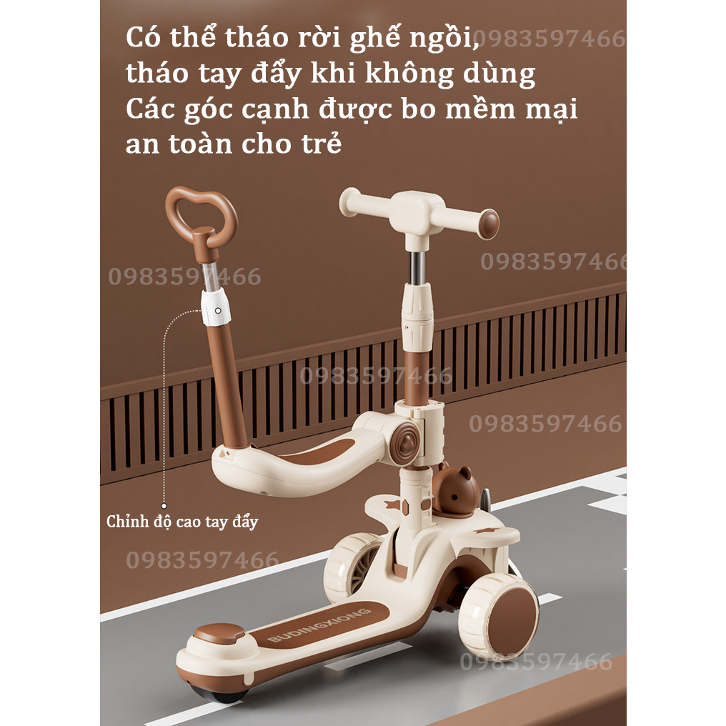 Xe Scooter, Xe Trượt Cho Bé Bánh Có Đèn ,Có Nhạc, có ghế 3 in 1 Chịu Lực 90KG