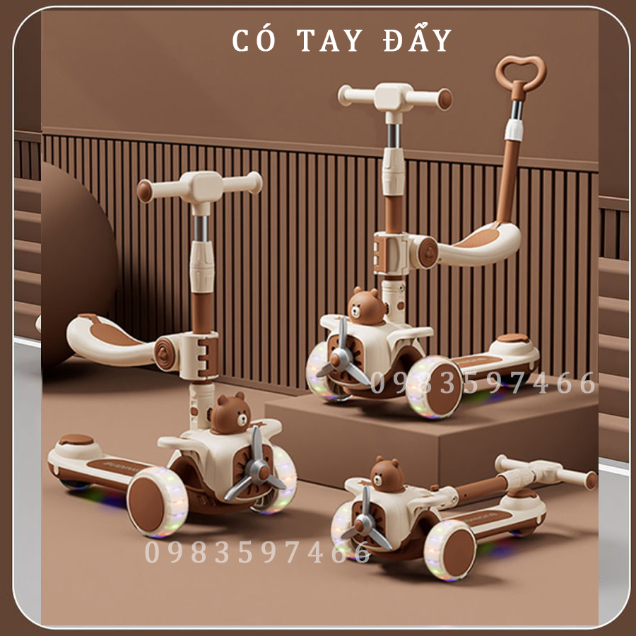 Xe Scooter, Xe Trượt Cho Bé Bánh Có Đèn ,Có Nhạc, có ghế 3 in 1 Chịu Lực 90KG