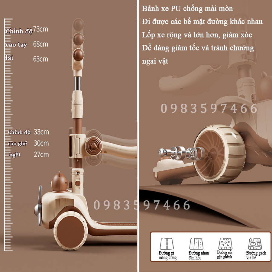 Xe Scooter, Xe Trượt Cho Bé Bánh Có Đèn ,Có Nhạc, có ghế 3 in 1 Chịu Lực 90KG