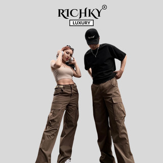 Quần kaki cargo túi hộp ống suông richky màu nâu q111