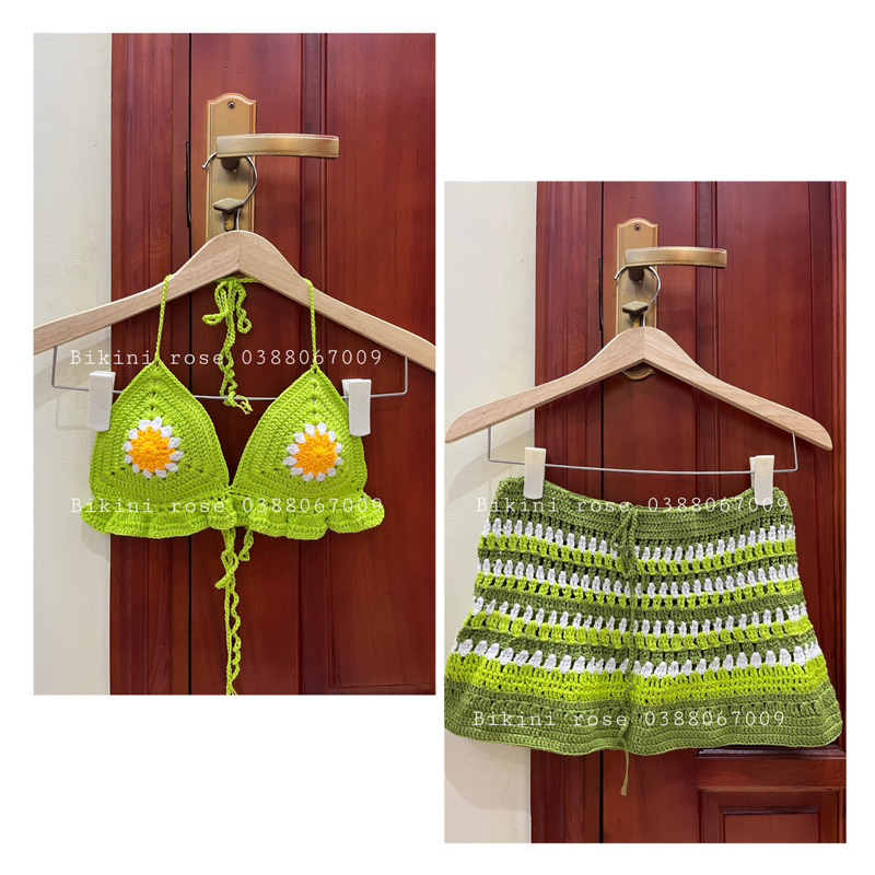 SÉT LEN MÓC HANDMADE MÀU XANH CHÂN VÁY XOÈ