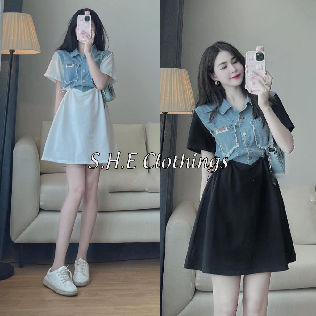 Váy Sơ Mi Phối Bò Túi Rua Ngực Cúc Bấm Sịn Sò Logo Đáp Nổi Dây Rút Eo Điều Chỉnh Đầm Nữ Chữ A Phối Bò Freesize S361