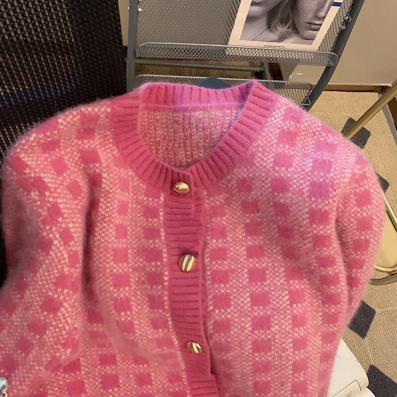 [ order tabao giá gốc ] Áo len cardigan khác ngoài tay dài màu hồng hoạ tiết kẻ ô có Bigsize