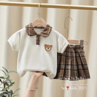 13-33kg. Đồng phục học sinh, đồng phục bé trai bé gái áo thêu gấu chân váy kẻ nâu cho bé