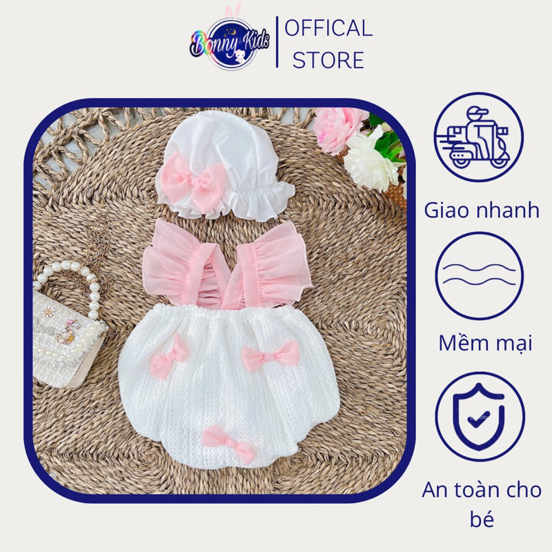 Body chip ren đan nơ hồng nyh cho bé gái sơ sinh thôi nôi, đầy tháng Thoáng khí
