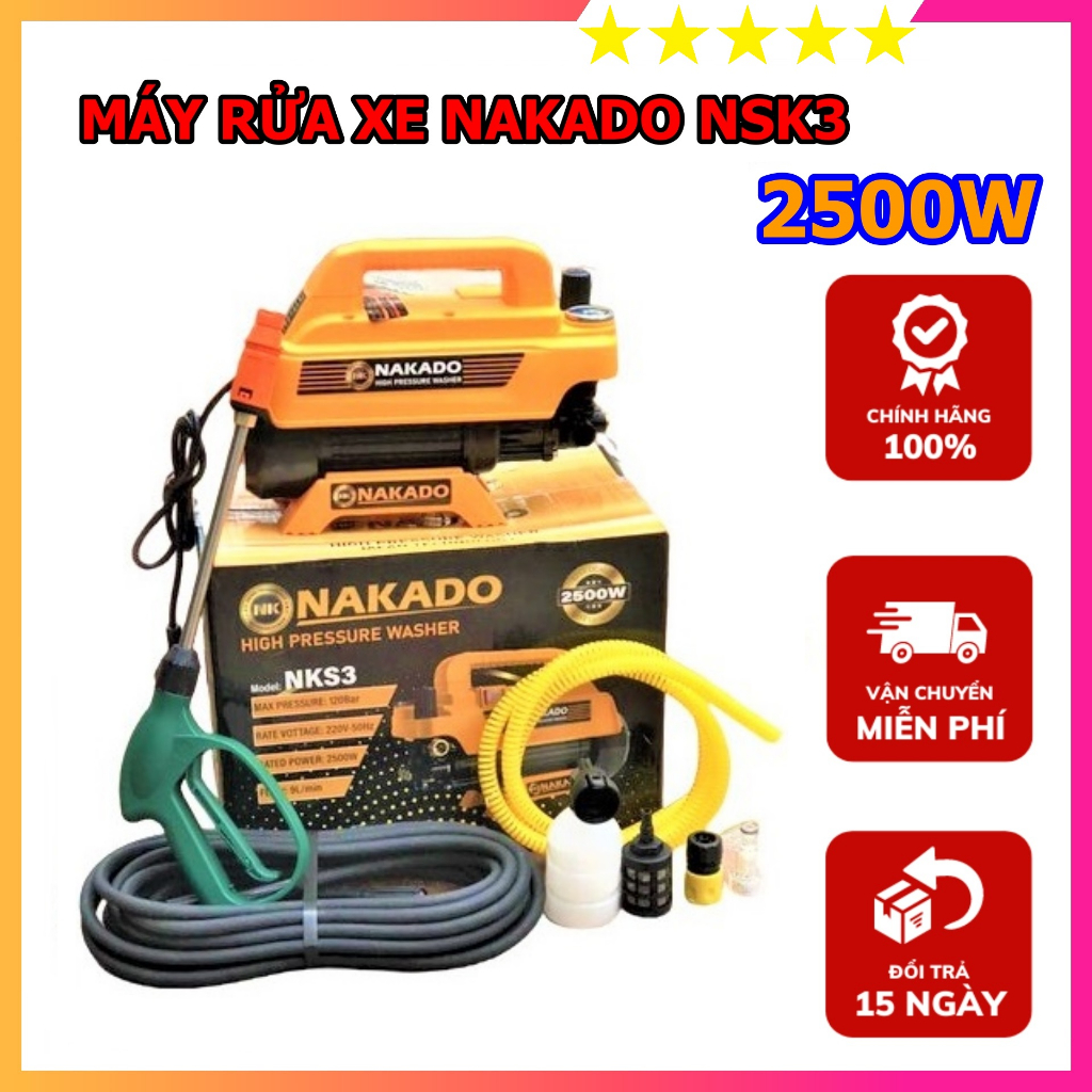 Máy Rửa Xe 2500W Nakado NKS3 - Động cơ 100% lõi đồng - Bảo hành chính hãng 6 tháng