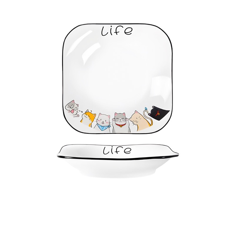 Dĩa sứ vuông họa tiết mèo life. Dĩa vuông bằng sứ đường kính 23cm.