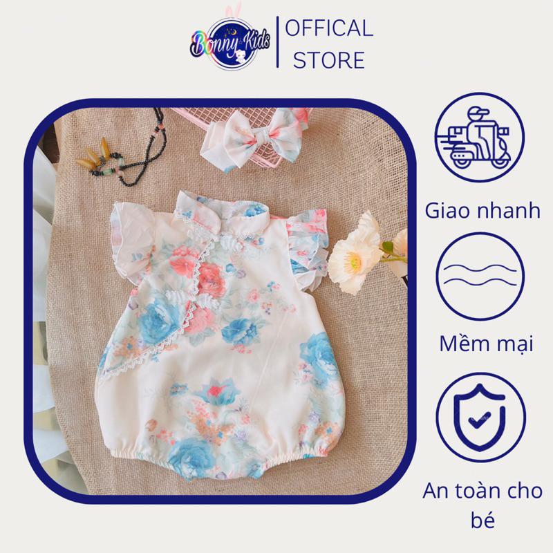 Body chip sườn xám kèm turban cho bé gái sơ sinh đầy tháng, thôi nôi Mềm