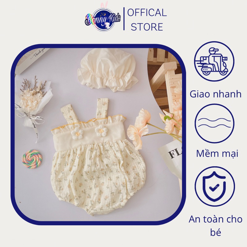 Body chip hai dây xô mus đính hoa vàng vintage cho bé gái sơ sinh đầy tháng, thôi nôi
