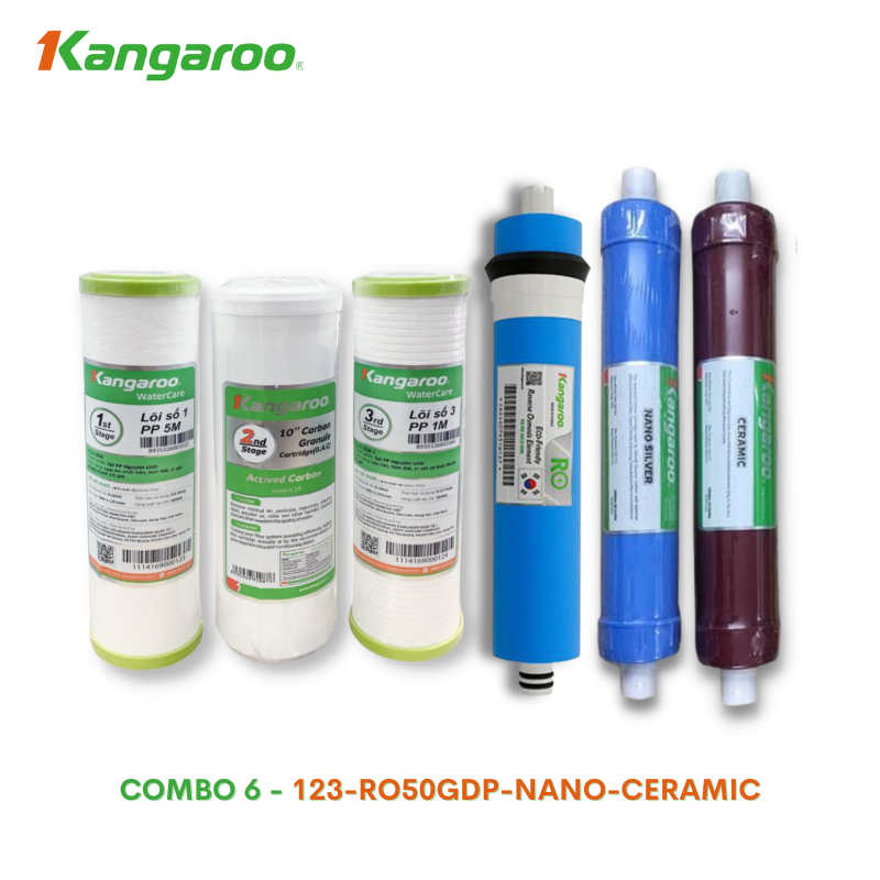 Combo 6 lõi lọc nước Kangaroo 123 RO50GDP 56 Tặng kèm 04 cút nối 01 cút T - Hàng chính hãng