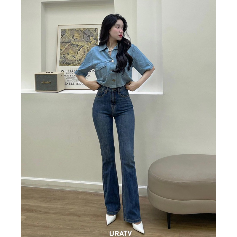 Áo sơ mi crop denim 3 nút chỉ nổi tay ngắn URATV