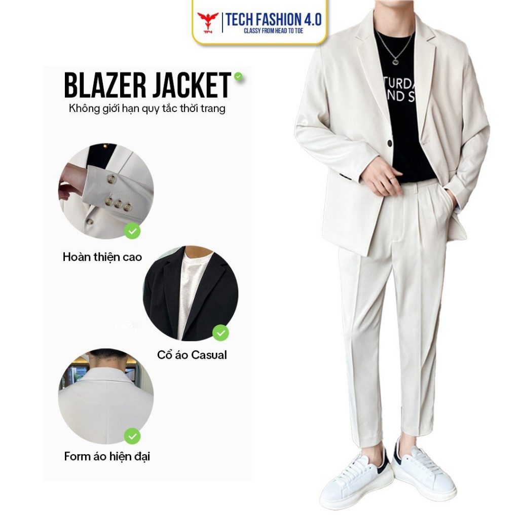 Áo khoác blazer nam form rộng hàn quốc màu đen, kem, ghi 2 khuy cài TF4