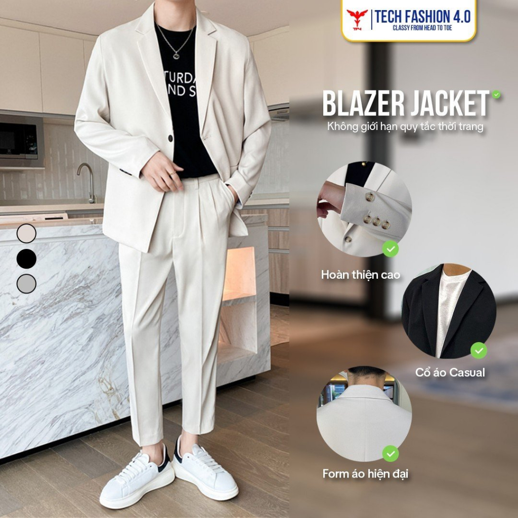 Áo khoác blazer nam form rộng hàn quốc màu đen, kem, ghi 2 khuy cài TF4