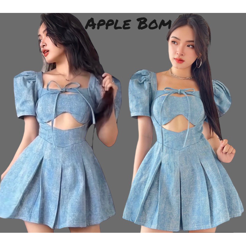 Jumtsuit tay Phồng Kèm Áo Mút Ngực Chất Liệu Jeans Cao Cấp