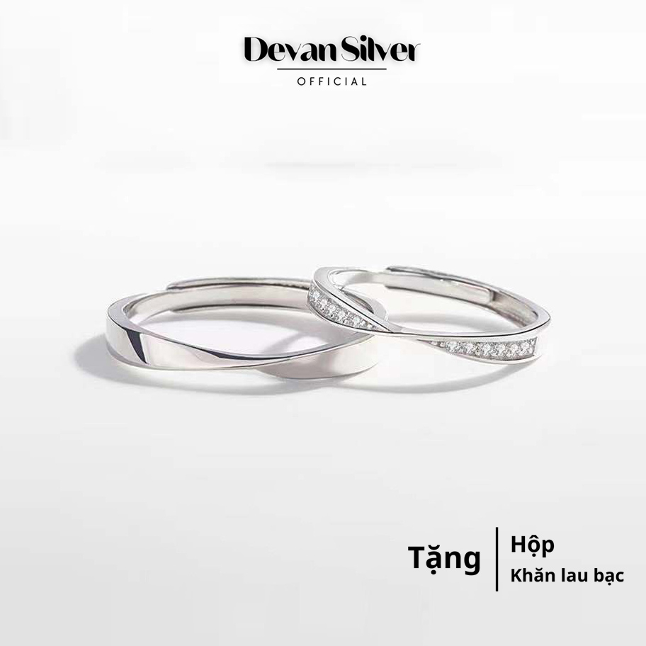 Nhẫn đôi nam nữ Devan, nhẫn bạc đôi đính đá cao cấp, nhẫn đôi bạc freesize, quà tặng trang sức bạc