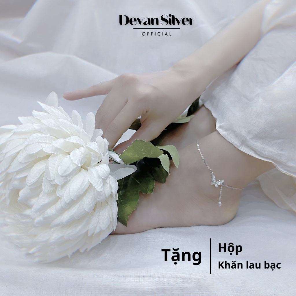 Lắc chân bạc nữ nguyên chất mặt hồ điệp đính đá lấp lánh, lắc chân nữ Devan