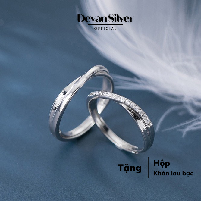 Nhẫn đôi bạc nam nữ Devan, nhẫn bạc đôi đính đá hình chéo vô cực, quà tặng trang sức bạc cao cấp