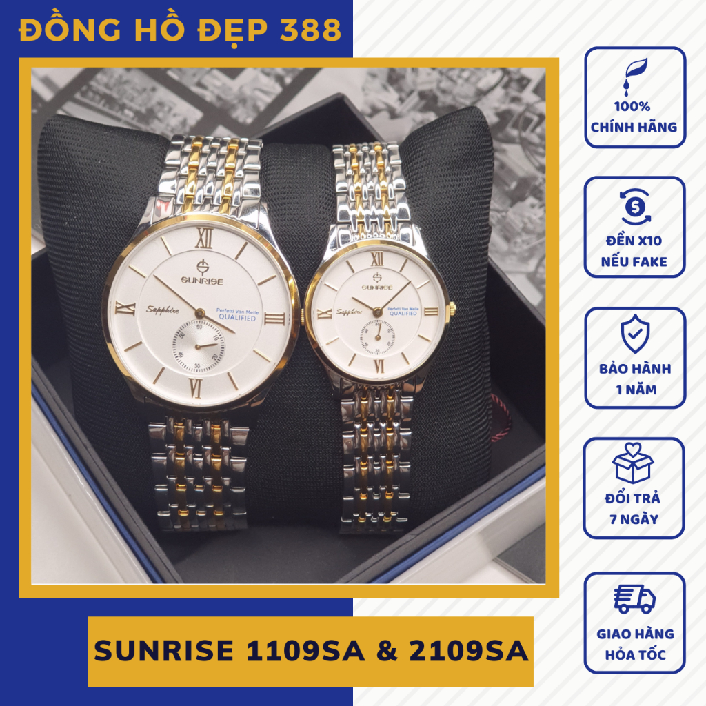 Đồng hồ nam nữ dây kim loại, đồng hồ cặp đôi chính hãng Sunrise 1109SA và 2109SA Sapphire Chống Xước, Chống Nước