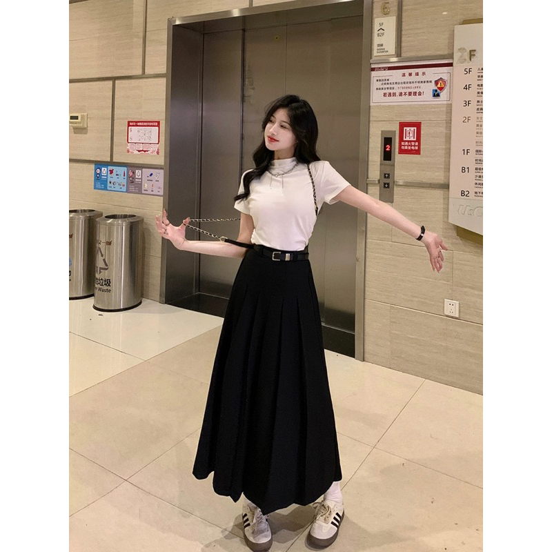 Chân Váy Dáng Dài Xếp Ly Hai Màu Đen Ghi HIGHT DRESS