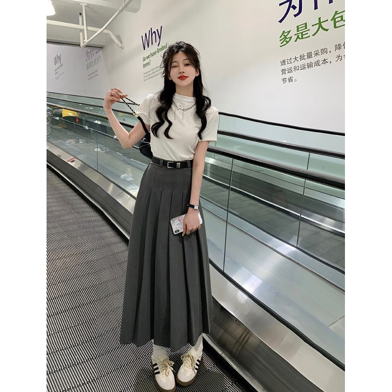 Chân Váy Dáng Dài Xếp Ly Hai Màu Đen Ghi HIGHT DRESS