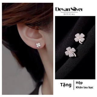 Khuyên tai bạc nữ Devan, bông tai nữ bạc 925 hình cỏ 4 lá đính đá lấp lánh, bông tai bạc nữ cực xinh
