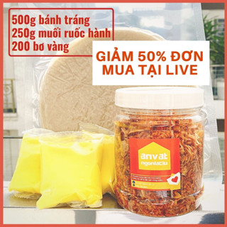 COMBO 950G BÁNH TRÁNG MUỐI RUỐC SIÊU TO (500g bánh tráng phơi sương, 250g muối tôm hành phi, 200g bơ vàng béo ngậy)