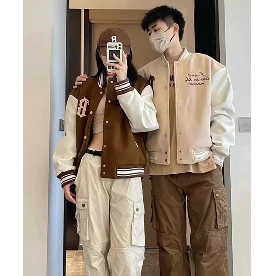 Áo Khoác Bomber Bóng Chày Varsity Hoạ Tiết Thêu Chữ Phối Tay Da Phong Cách Hiphop Thời Trang Nam Nữ