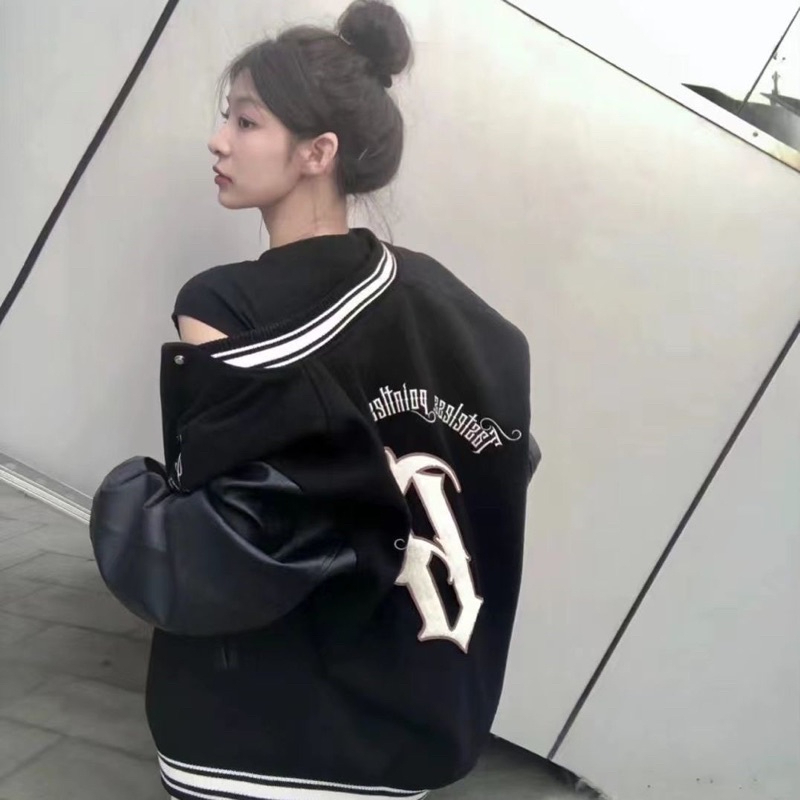 Áo Khoác Bomber Bóng Chày Varsity Hoạ Tiết Thêu Chữ Phối Tay Da Phong Cách Hiphop Thời Trang Nam Nữ