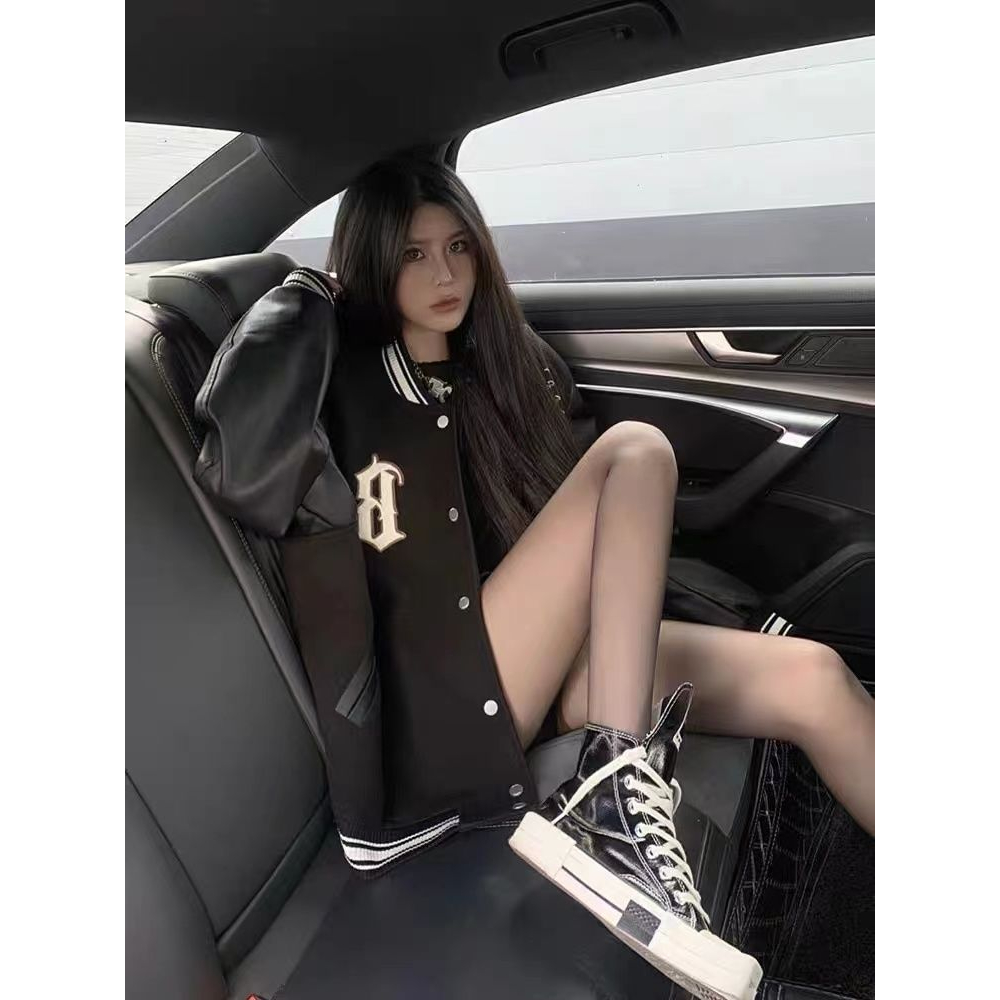 Áo Khoác Bomber Bóng Chày Varsity Hoạ Tiết Thêu Chữ Phối Tay Da Phong Cách Hiphop Thời Trang Nam Nữ