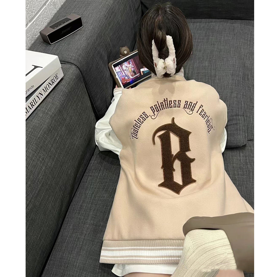 Áo Khoác Bomber Bóng Chày Varsity Hoạ Tiết Thêu Chữ Phối Tay Da Phong Cách Hiphop Thời Trang Nam Nữ