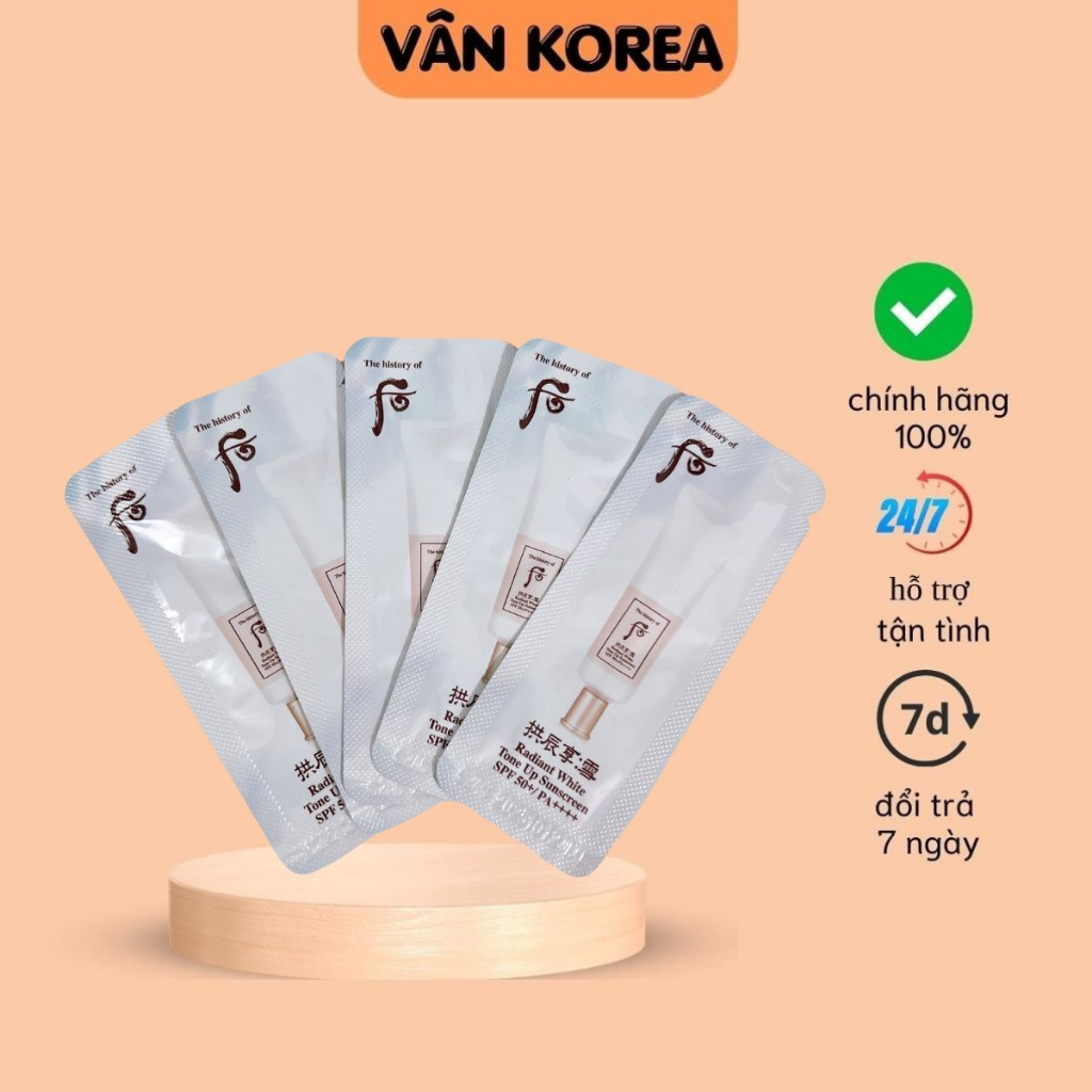 Kem chống nắng whoo trắng dưỡng trắng, nâng toen, che khuyết điểm whoo Radiant White Tone Up Sunscreen gói 1ml