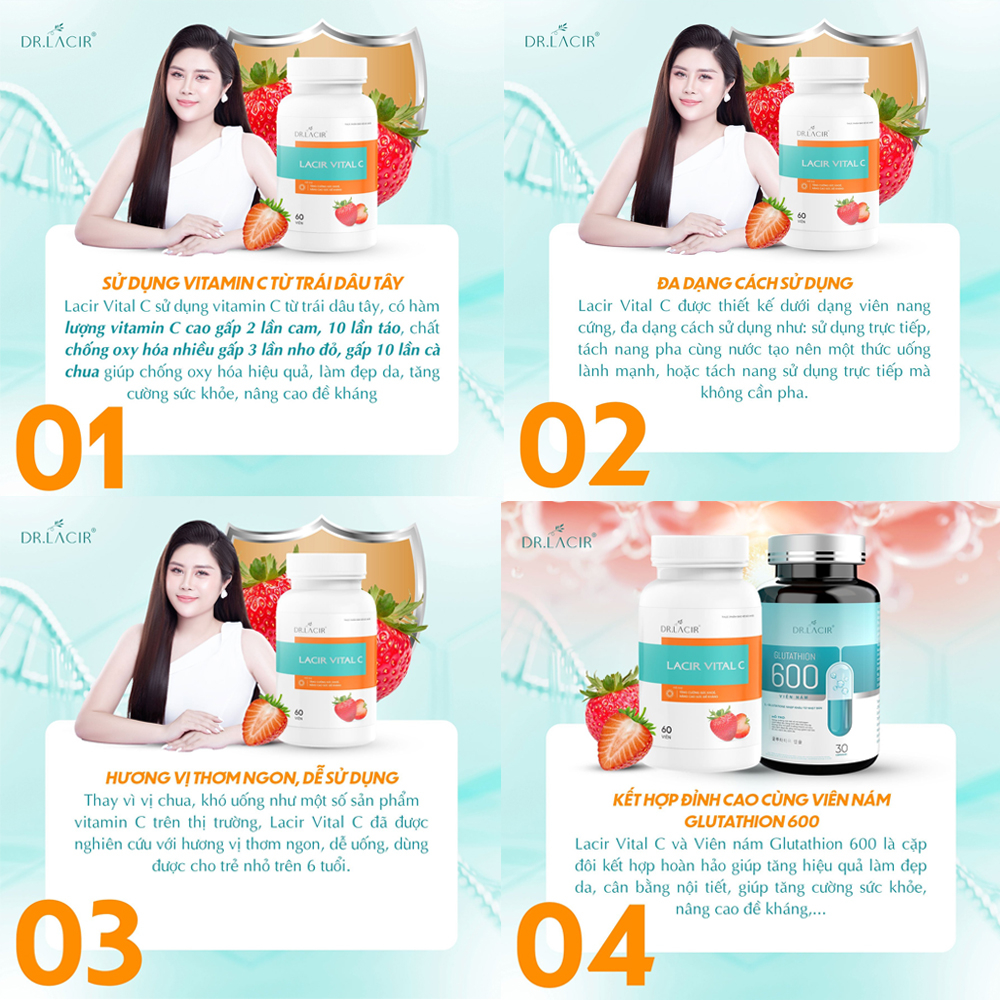 Viên uống Vitamin C Lacir Vital C Drlacir giúp hấp thu glutathione và collagen Hộp 60 viên - Hàng chính hãng