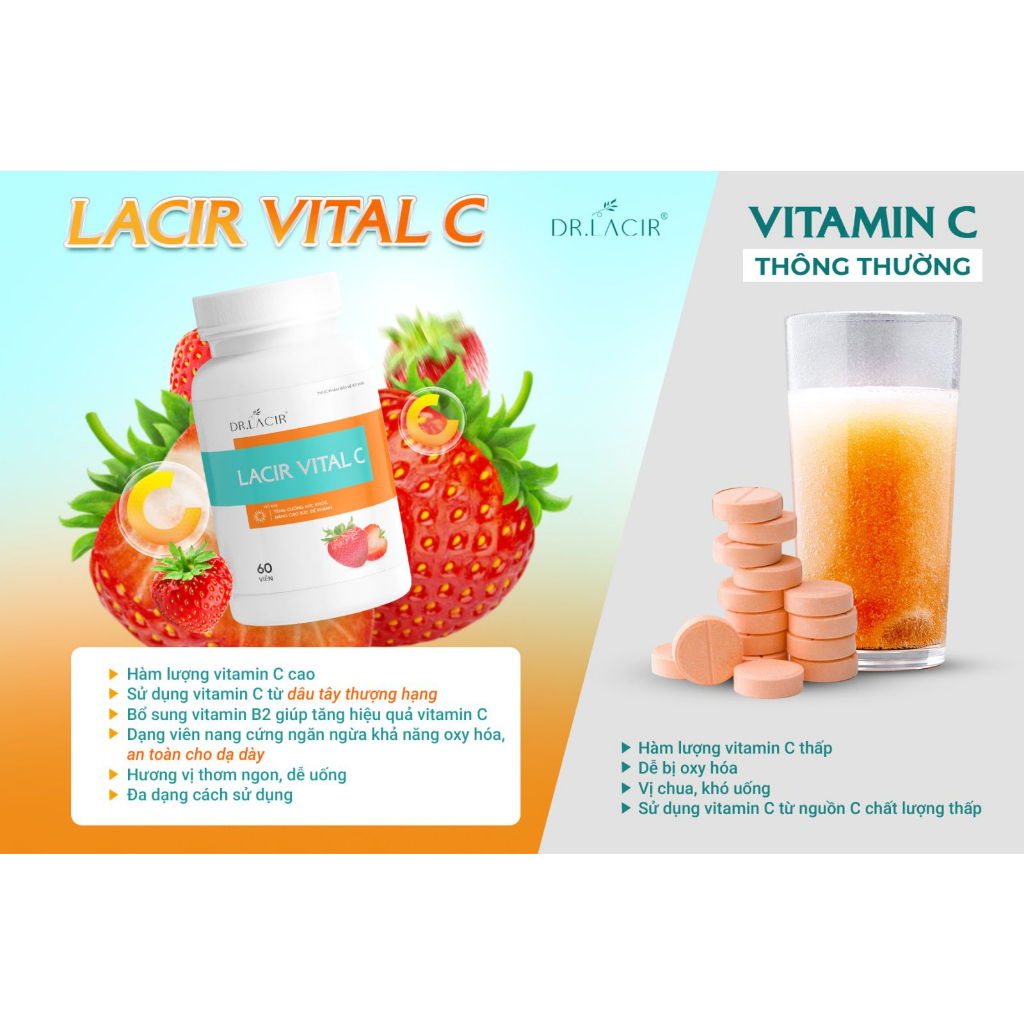 Viên uống Vitamin C Lacir Vital C Drlacir giúp hấp thu glutathione và collagen Hộp 60 viên - Hàng chính hãng