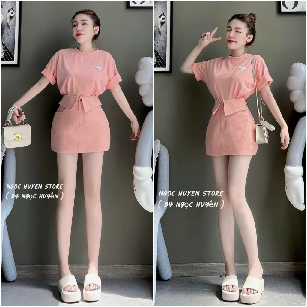 Set đầm váy nữ áo phông mix chân váy chữ A với tone màu hồng xinh xắn dành cho các tình yêu đi chơi, hẹn hò dễ thương.